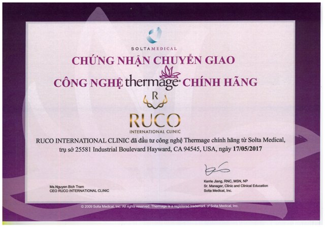 Chứng nhận chuyển giao công nghệ Thermage chính hãng tại RUCO