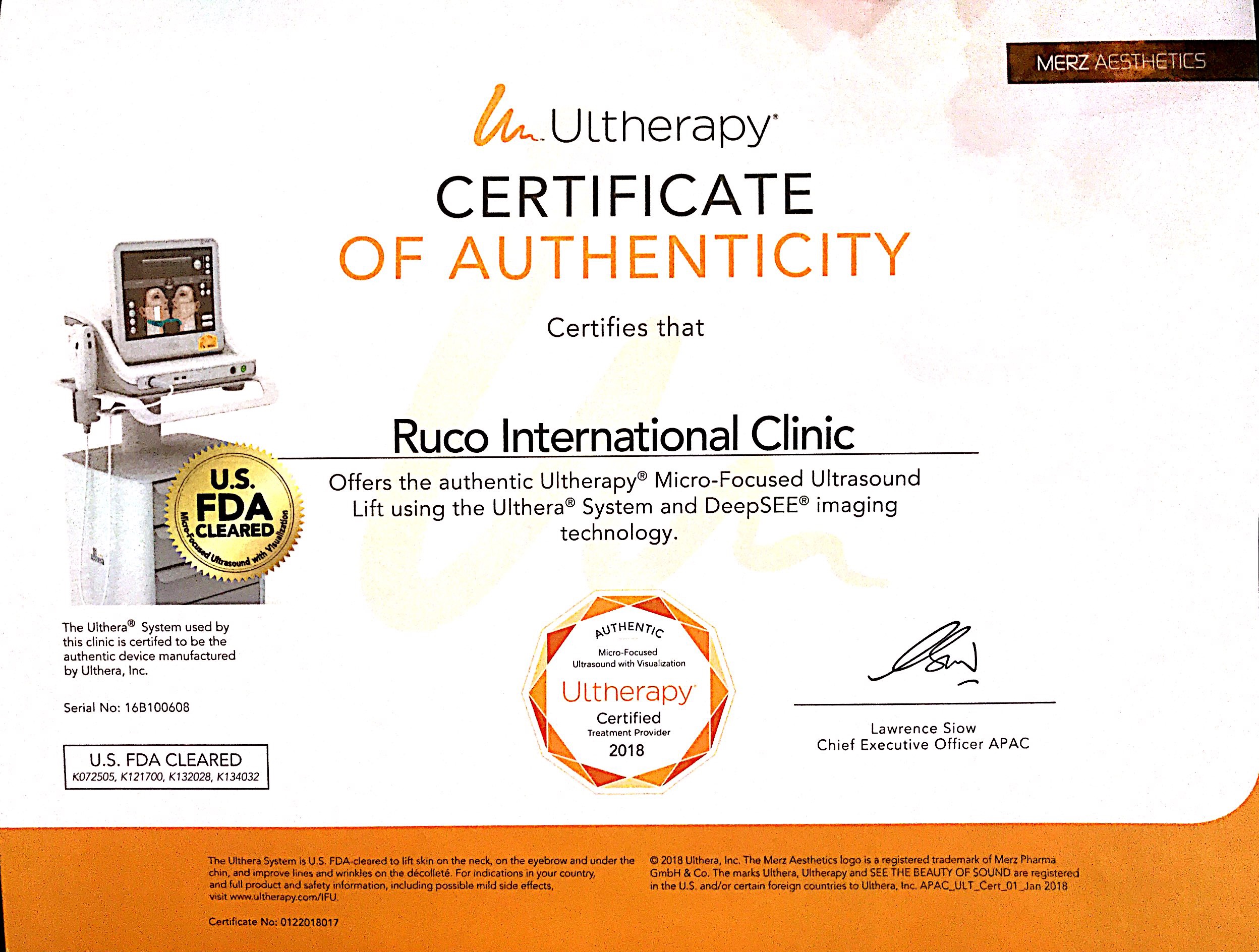 Giấy chứng nhận chuyển giao công nghệ Ultherapy - nâng cơ mặt V-line chính hãng tại Ruco International Clinic.